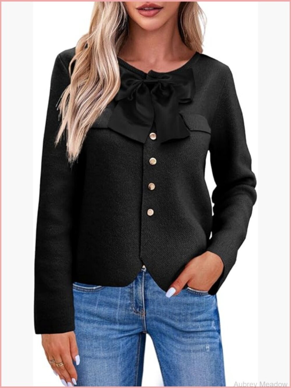Cropped Button Down Cardigan Sweater with Bow Detail Long Sleeve Knit Jacket